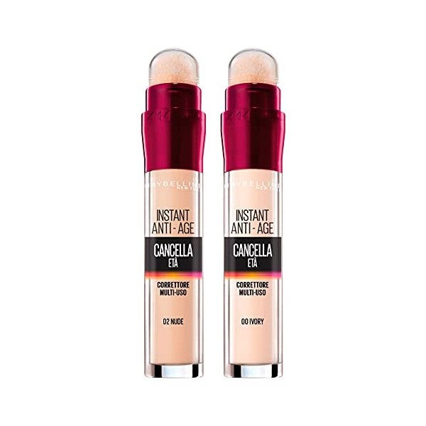 Maybelline New York Anti-Cernes Liquide Anti-Âge Polyvalent Couleurs 00 Ivory et 02 Nude avec Baies de Goji et Haloxyl - 2 An