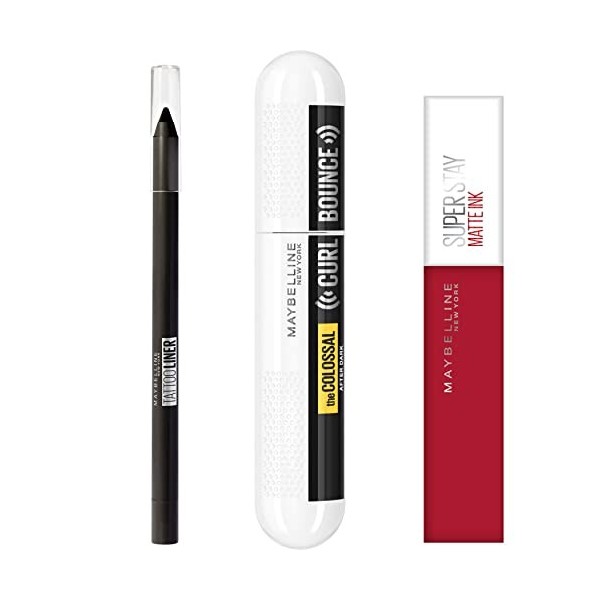 Maybelline New York - Coffret Routine Maquillage Waterproof - Mascara Curl Bounce, Crayon Gel Tattoo Liner et Rouge à Lèvres 