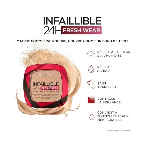 LOréal Paris - Fond de Teint Poudre Longue Tenue - Waterproof - Infaillible 24H Fresh Wear - Teinte : Sienne 355 - 53 g