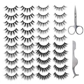 Lot de 20 paires de faux cils adhésifs avec pince à épiler, 4 styles 3D doux naturel et moelleux faits à la main pour filles 