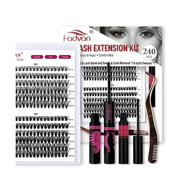 DIY Cils Individuel FADVAN Extension Cils Kit Volume Cluster 240Pcs 30D+40D Mix 9-16mm, Brucelles Enlever les Lash Bond& Seal