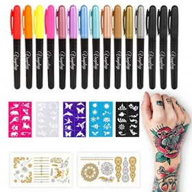 Tatouage Temporaire Stylo Tatouage Cadeau ado Fille avec 15 Stylos Tatouage 5 Pochoir Tatouage ​et 2 Autocollants Kit Tatouag