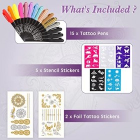 Tatouage Temporaire Stylo Tatouage Cadeau ado Fille avec 15 Stylos Tatouage 5 Pochoir Tatouage ​et 2 Autocollants Kit Tatouag