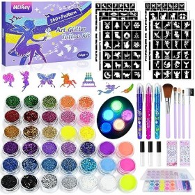Ulikey Kit Tatouage Paillettes Enfant, 36 Couleurs Tatouages Éphémères Paillettes mit 240 Pochoirs, 3 Stylos Tatouage, Peintu