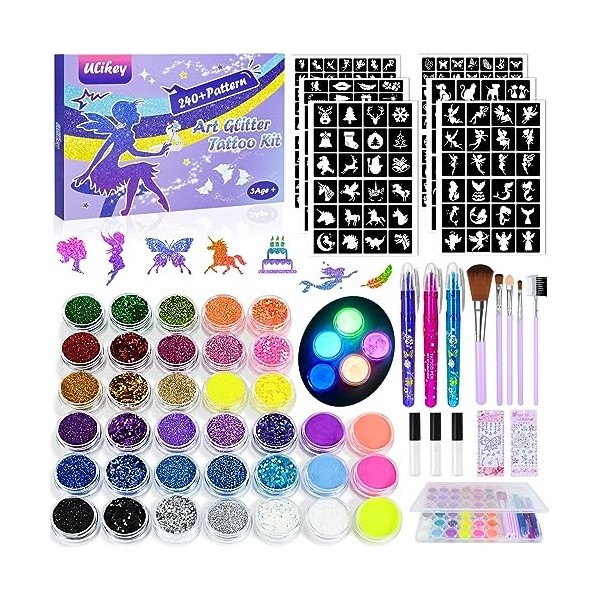 Ulikey Kit Tatouage Paillettes Enfant, 36 Couleurs Tatouages Éphémères Paillettes mit 240 Pochoirs, 3 Stylos Tatouage, Peintu