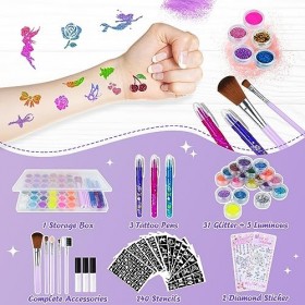 Ulikey Kit Tatouage Paillettes Enfant, 36 Couleurs Tatouages Éphémères Paillettes mit 240 Pochoirs, 3 Stylos Tatouage, Peintu