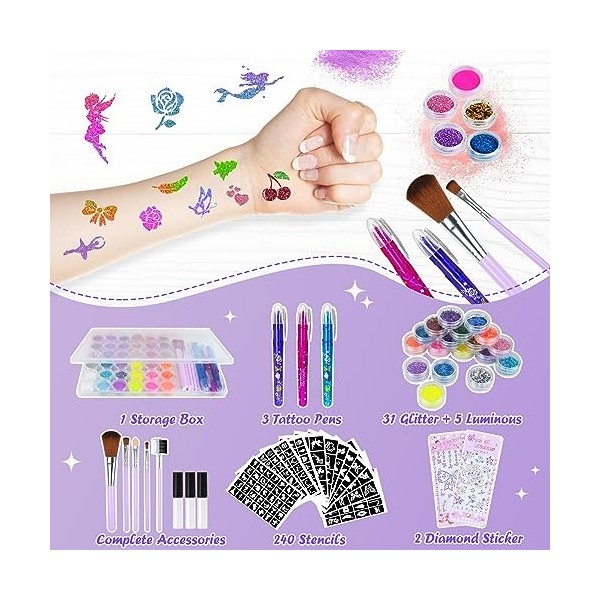 Ulikey Kit Tatouage Paillettes Enfant, 36 Couleurs Tatouages Éphémères Paillettes mit 240 Pochoirs, 3 Stylos Tatouage, Peintu