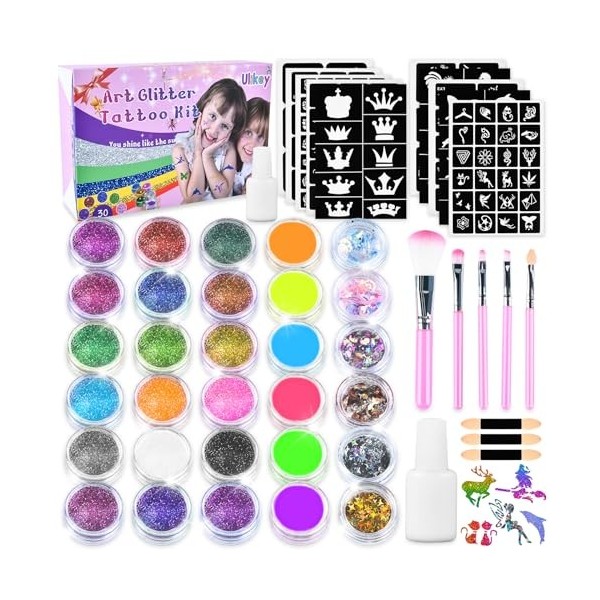 Ulikey Kit Tatouage Enfant, Tatouage Ephemere Enfant, 30 Couleur Salon de Tatouage Enfant, 138 Pochoirs, 4 Pinceaux, 2 Colle,