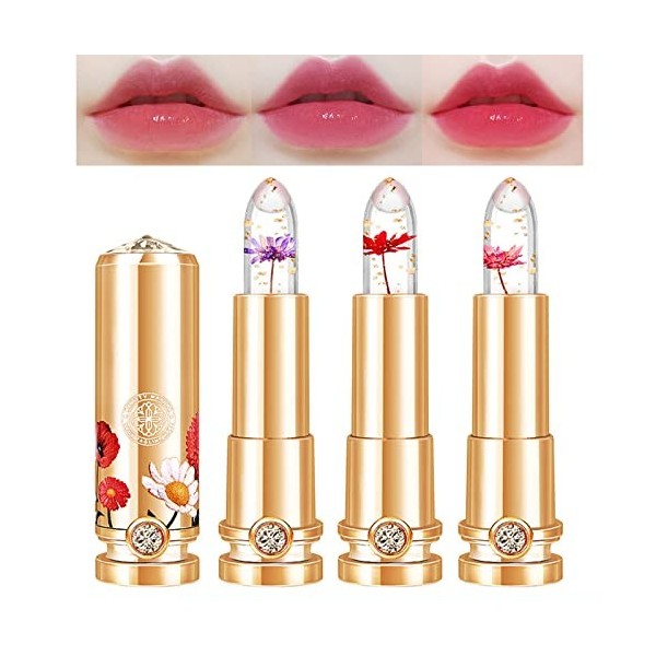 3 pièces Crystal Flower Jelly Lip Stick Set, rouge à lèvres floral clair, Magic Temperature Color Changing Lip Gloss Long Las