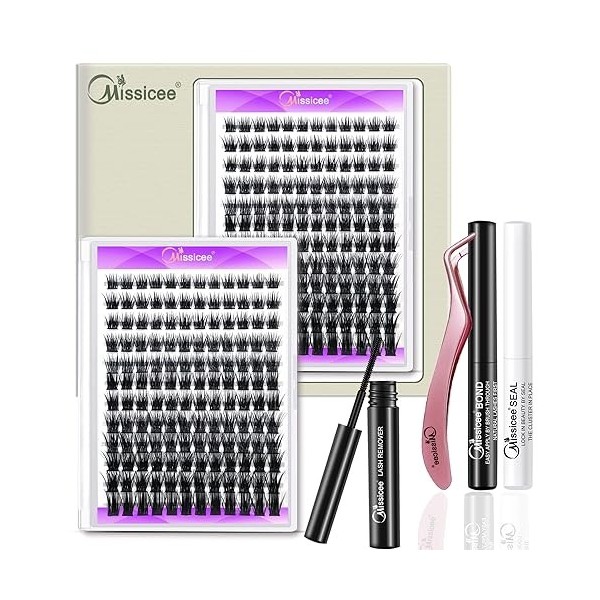 Extension Cils Kit, Missicee DIY Extensions de Cils 144 Pcs D Curl 56D 9-16mm Wide-Stem Faux Cils Individuel Cluster Réutilis