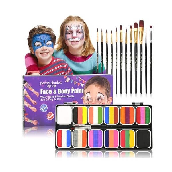 Halloween Peinture corporelle, FantasyDay Palette de Maquillage Enfants Adulte avec Paillettes, Pochoirs, Pinceaux - Peinture