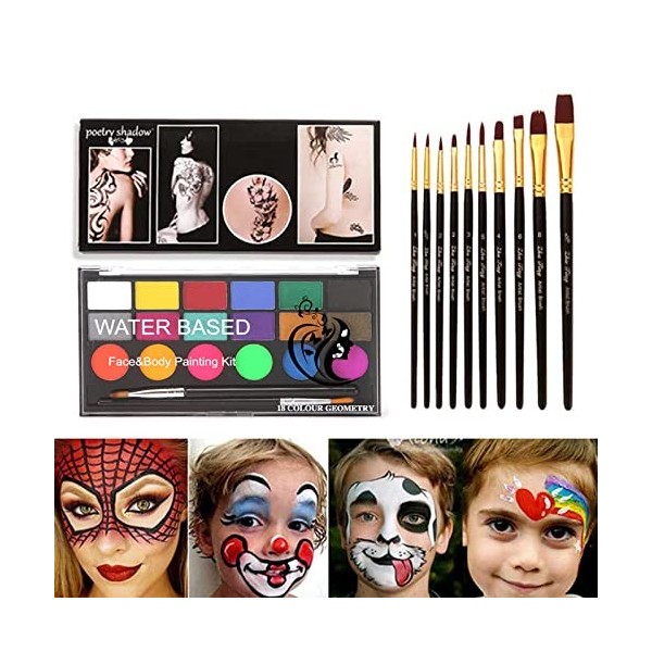 Halloween Peinture corporelle, FantasyDay Palette de Maquillage Enfants Adulte avec Paillettes, Pochoirs, Pinceaux - Peinture