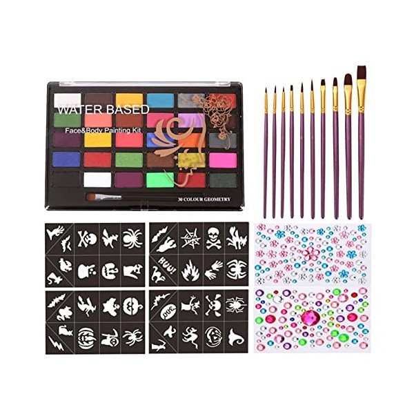 Halloween Peinture corporelle, FantasyDay Palette de Maquillage Enfants Adulte avec Paillettes, Pochoirs, Pinceaux - Peinture