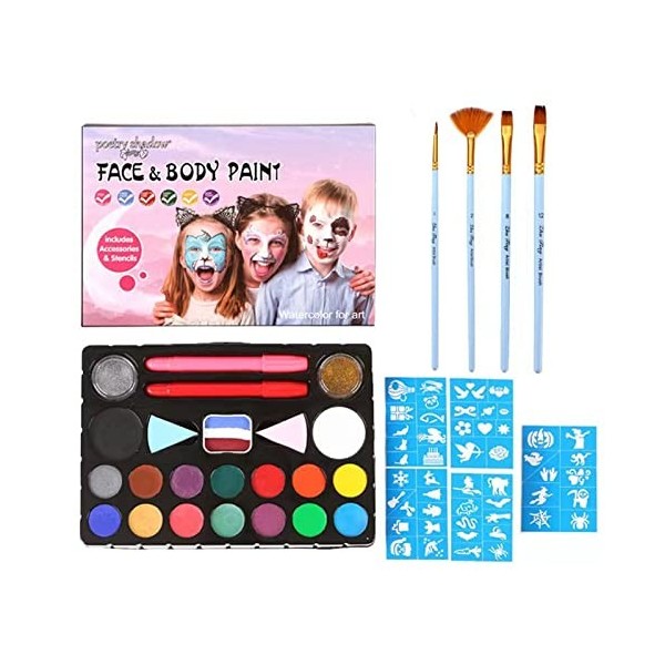 Halloween Peinture corporelle, FantasyDay Palette de Maquillage Enfants Adulte avec Paillettes, Pochoirs, Pinceaux - Peinture