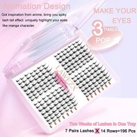 Cluster Faux Cils Individuel, LAWEZX Extension Cils Kit avec 196 Pcs Réutilisable Cils Manga, Super Hold Lash Bond et Seal, B