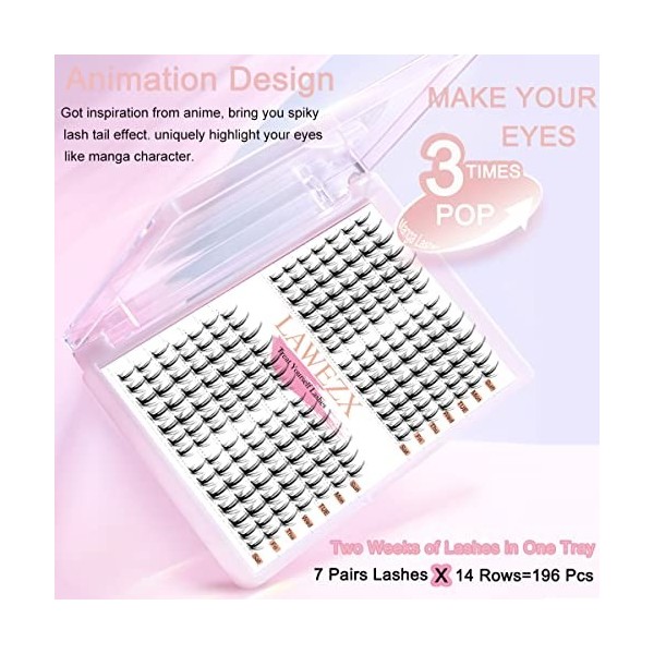 Cluster Faux Cils Individuel, LAWEZX Extension Cils Kit avec 196 Pcs Réutilisable Cils Manga, Super Hold Lash Bond et Seal, B