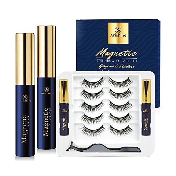 Arishine Magnetic Eyelashes with Eyeliner, Magnetic Eyelashes and Eyeliner Kit, 5 Pairs Same Upgraded Reusable Magnetic La.
