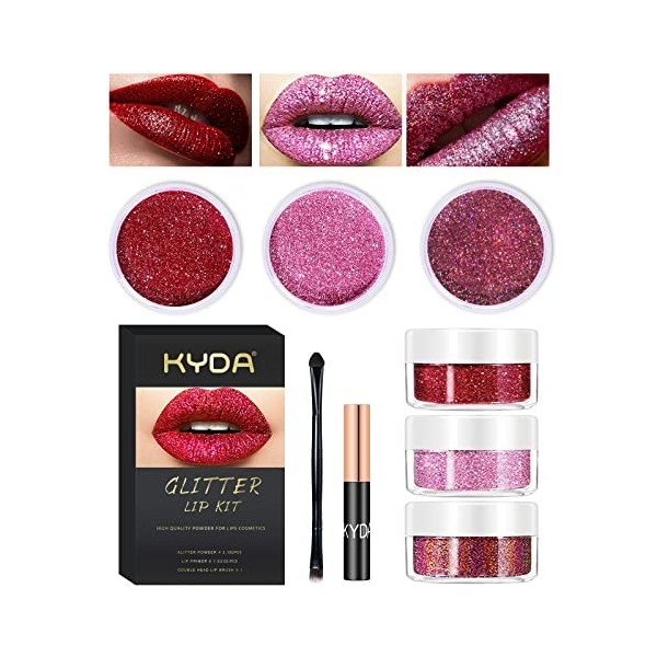 KYDA 3 couleurs Glitter Lip Kit, Diamond Metallic Glitter Lipstick Poudre pour cosmétique à lèvres, Glitter Lips Makeup with 