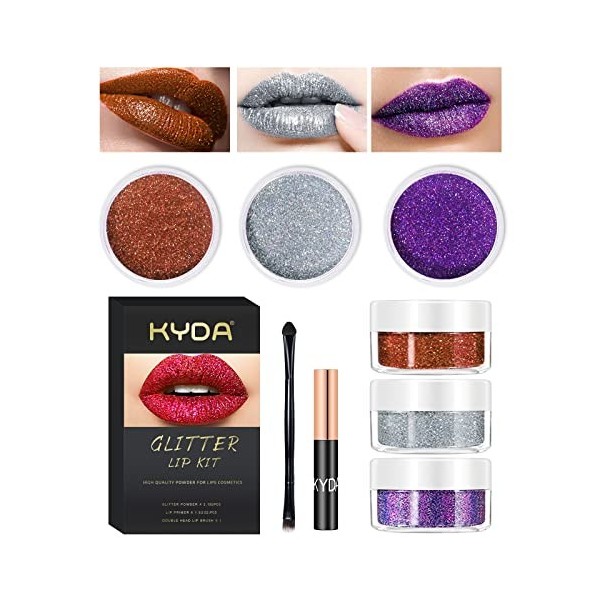 KYDA 3 couleurs Glitter Lip Kit, Diamond Metallic Glitter Lipstick Poudre pour cosmétique à lèvres, Glitter Lips Makeup with 