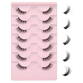 JIMIRE - Lot de 7 paires de faux cils en forme dœil de chat avec bande transparente - Aspect naturel - Fait à la main