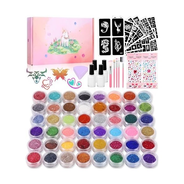 Kit Tatouage Paillettes Enfant Filles,Tatouage Enfant 48 Couleurs, 250 Pochoir Tatouage,5 Pinceaux,Non-toxique Kit Maquillage