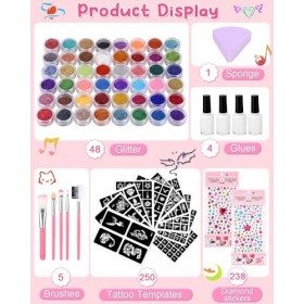 Kit Tatouage Paillettes Enfant Filles,Tatouage Enfant 48 Couleurs, 250 Pochoir Tatouage,5 Pinceaux,Non-toxique Kit Maquillage