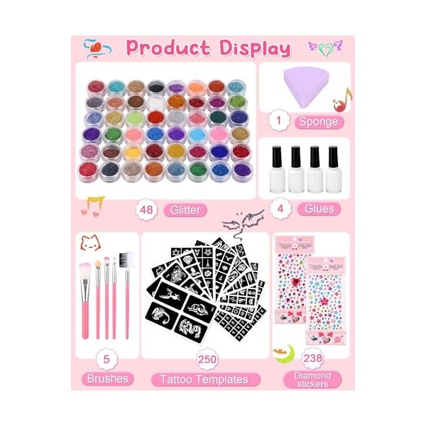 Kit Tatouage Paillettes Enfant Filles,Tatouage Enfant 48 Couleurs, 250 Pochoir Tatouage,5 Pinceaux,Non-toxique Kit Maquillage