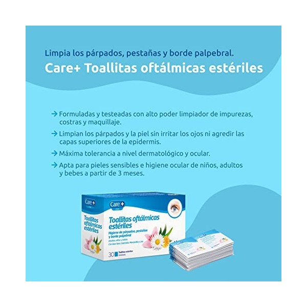 Lingettes ophtalmiques Care+ - Hygiène quotidienne pour les paupières, les cils et les bords des paupières - Aloe vera, calen