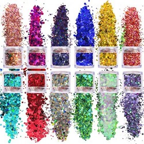 Jantabo 12 Couleurs Holographique Paillettes, Paillettes Maquillage Paillettes Set, pour Festival Fête Visage Corps Cheveux E