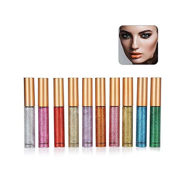 Glitter Eyeliner, Metallic Paillettes Liquid Eyeliner, 10 Couleurs Set Brillant Eyeliner, Professionnel Eye Make Up Outil Imp