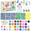 Highttoy Kit Tatouage Paillettes Enfant, 38 Couleurs Tatouage Éphémère Lumineux Dinosaure avec 164 Pochoirs, 5 Pinceaux, 4 Fe