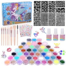 Huiguli Kit Tatouage Paillettes,48 Couleurs Tatouage Temporaire à Paillettes mit 267 Pochoirs,Tatouage Enfant Fille,235 Stras
