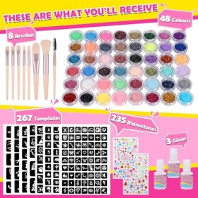Huiguli Kit Tatouage Paillettes,48 Couleurs Tatouage Temporaire à Paillettes mit 267 Pochoirs,Tatouage Enfant Fille,235 Stras