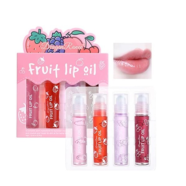 Ensemble dhuile de lèvre de fruit de 4 pièces Lip Gloss Crystal Jelly Liquid Lipstick, set hydratant hydratant et non collan