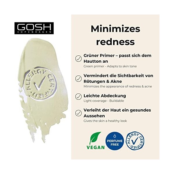 GOSH Primer pour les peaux rougies et impures, végétalien - Apprêt de maquillage hydratant - Pour une peau uniforme et sans d