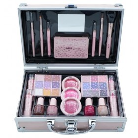 Trousse de maquillage Gio rose avec lèvres, crayons, fards à paupières, fard à paupières, fard à joues et vernis à ongles