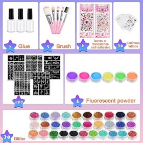 Kit Tatouage Paillettes, CZMAO 36 Couleurs Tatouage Flash Temporaire Pour Les Filles, 203 Pochoirs, 5 Pinceaux, 4 Colles, Cad