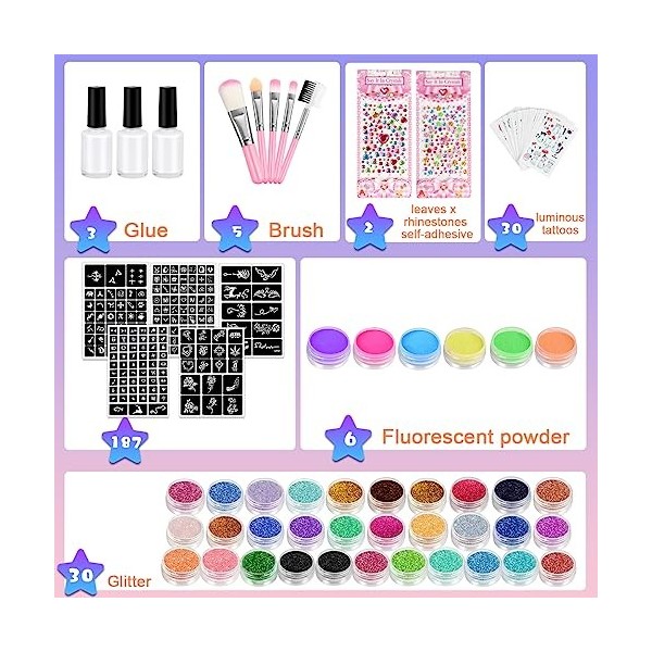 Kit Tatouage Paillettes, CZMAO 36 Couleurs Tatouage Flash Temporaire Pour Les Filles, 203 Pochoirs, 5 Pinceaux, 4 Colles, Cad