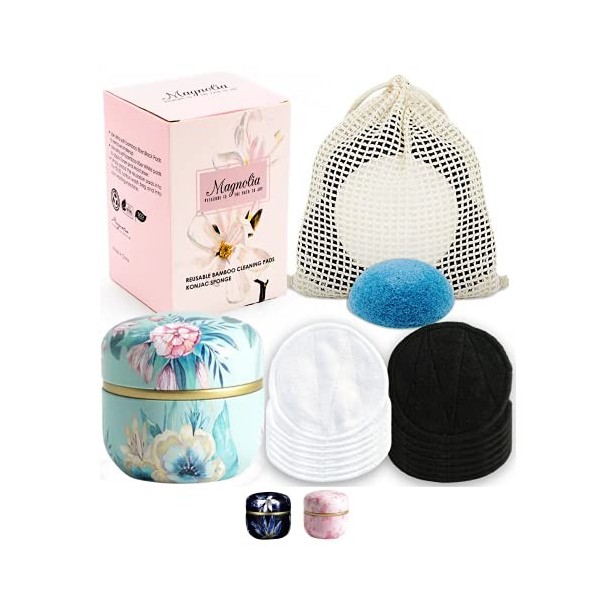 Magnolia Lot de 16 coussinets réutilisables en coton pour le visage et le démaquillant - Lavable Sac à linge, boîte en métal,