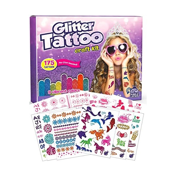 Purple Ladybug Kit Tatouage Temporaire Comprenant 175 Motifs et 9 Couleurs Pailletées - Tatouage Paillette - Motifs Sirène, L