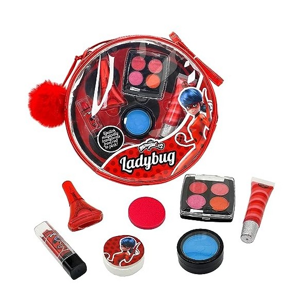 Miraculous Ladybug, Coffret Maquillage 10-en-1 pour Enfants : Vernis à Ongles, Rouge à Lèvres, Palette de Poudre Compacte, Br