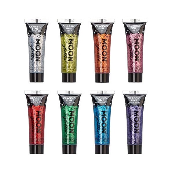 Moon Glitter - Gel brillant fin classique - 12ml - Assortiment de 8 couleurs - Pailleté pour visage.