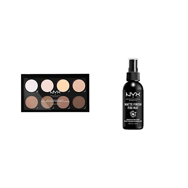 NYX Professional Makeup Highlight & Contour Pro, Kit pour Contouring, 8 Poudres Faciles à Estomper, Fini Mat et Irisé & Spray