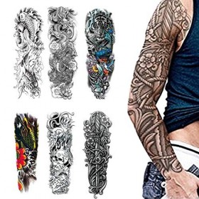 6pcs plein bras autocollants de transfert de corps de tatouage temporaire, crâne imperméable Tiger Dragon motif bras faux tat