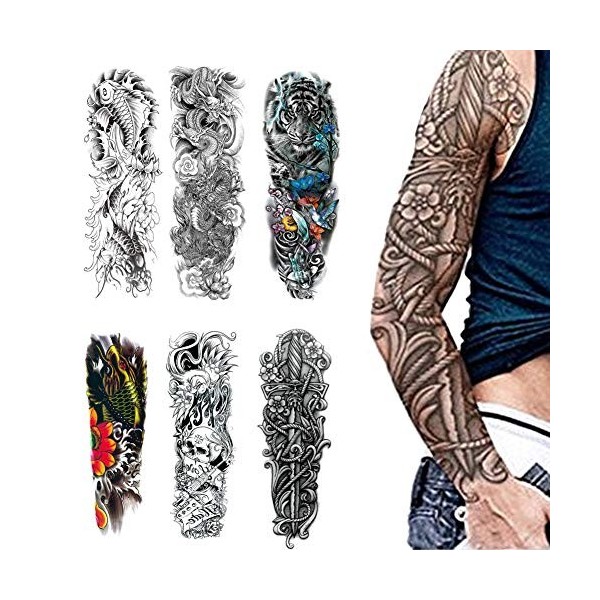 6pcs plein bras autocollants de transfert de corps de tatouage temporaire, crâne imperméable Tiger Dragon motif bras faux tat