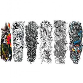 6pcs plein bras autocollants de transfert de corps de tatouage temporaire, crâne imperméable Tiger Dragon motif bras faux tat