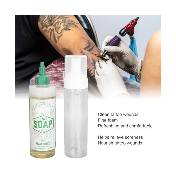 Savon de Tatouage Vert pour les Piercings Postcure 240ml Solution de Nettoyage de Tatouage avec Bouteille Moussante 200ml, Tr