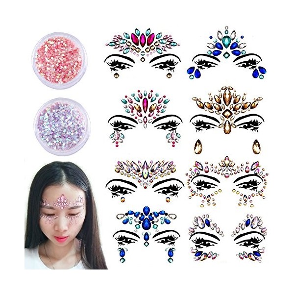 8 Ensembles Strass Autocollant - Strass Visage Stickers Cristal Bijoux Strass Adhesif Tatouage Strass pour Visage avec 2 Gemm