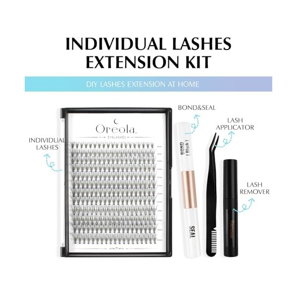 Oreola Kit de cils individuels Extensions de cils bricolage, 228 cils individuels 20D avec liaison et joint naturel Faux cils