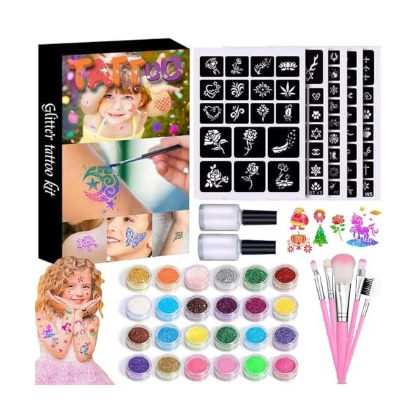 AROMUJOY kit Tatouage Paillette Tatouages Temporaires avec 24 Paillettes de Couleurs 6 Paillettes de Nuit 120 Motif Creux 5 P